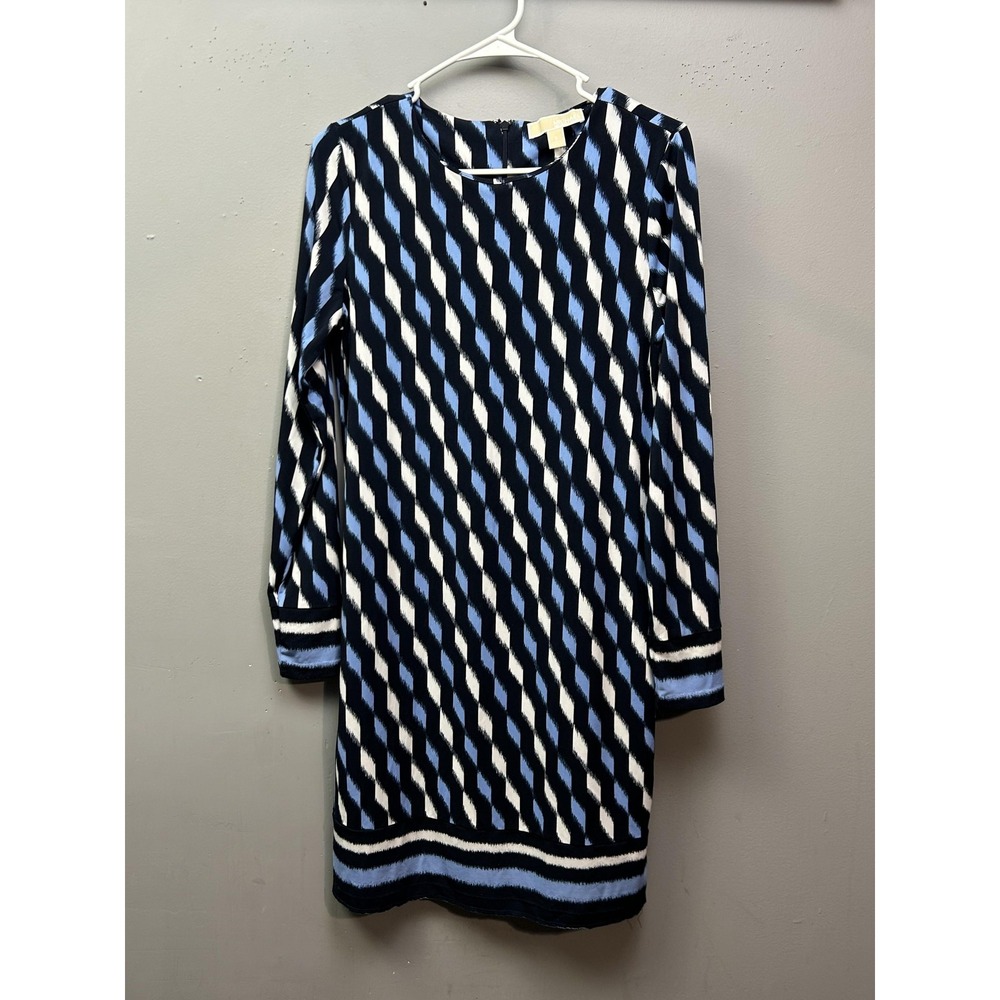 Michael Michael‎ Kors Dress Womens Small Blue White Geometric Shift Long Sleeve